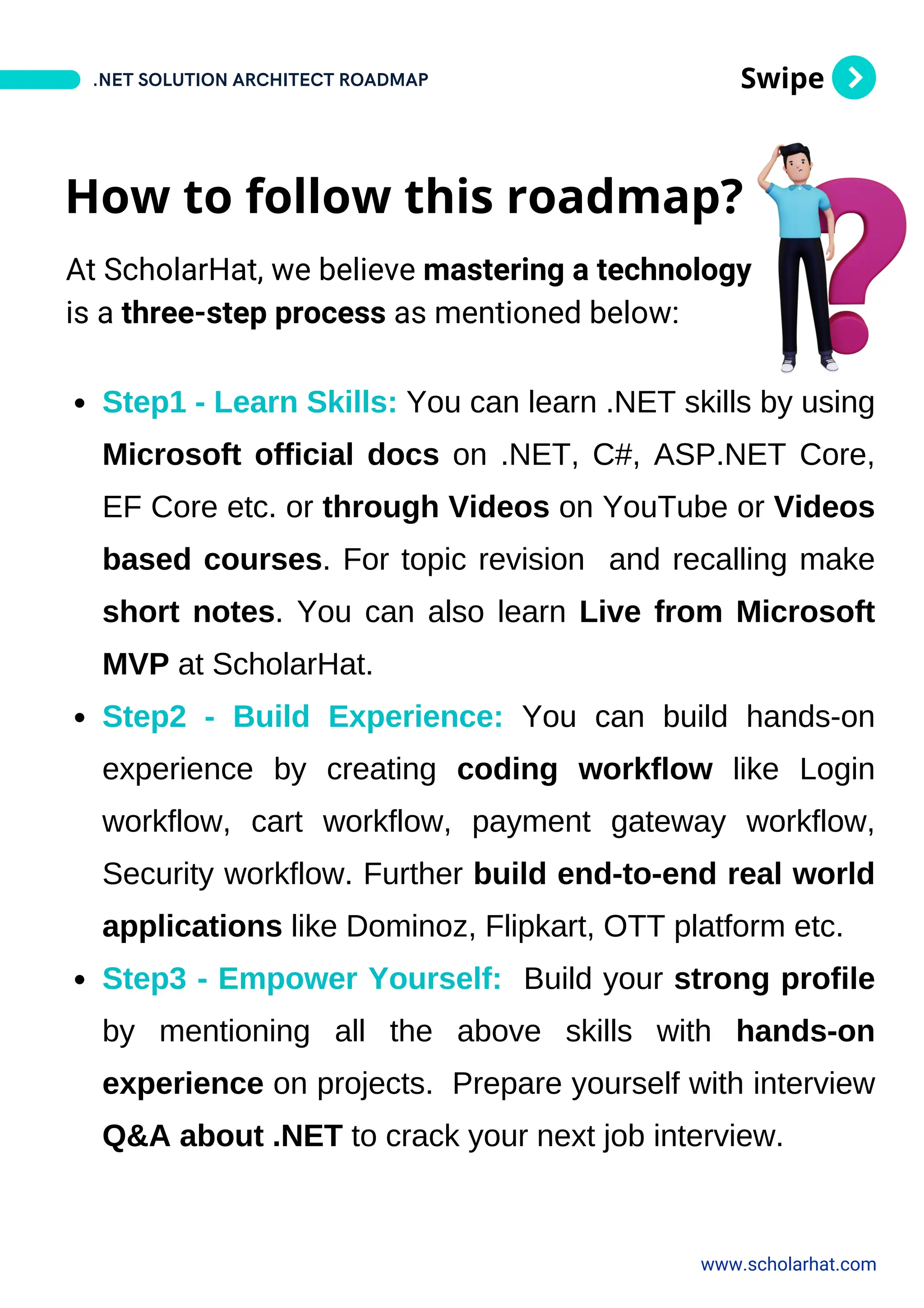 Swipe
Step1 - Learn Skills: You can learn .NET skills by using
Microsoft official docs on .NET, C#, ASP.NET Core,
EF Core etc. or through Videos on YouTube or Videos
based courses. For topic revision and recalling make
short notes. You can also learn Live from Microsoft
MVP at ScholarHat.
Step2 - Build Experience: You can build hands-on
experience by creating coding workflow like Login
workflow, cart workflow, payment gateway workflow,
Security workflow. Further build end-to-end real world
applications like Dominoz, Flipkart, OTT platform etc.
Step3 - Empower Yourself: Build your strong profile
by mentioning all the above skills with hands-on
experience on projects. Prepare yourself with interview
Q&A about .NET to crack your next job interview.
.NET SOLUTION ARCHITECT ROADMAP
www.scholarhat.com
How to follow this roadmap?
At ScholarHat, we believe mastering a technology
is a three-step process as mentioned below:
 