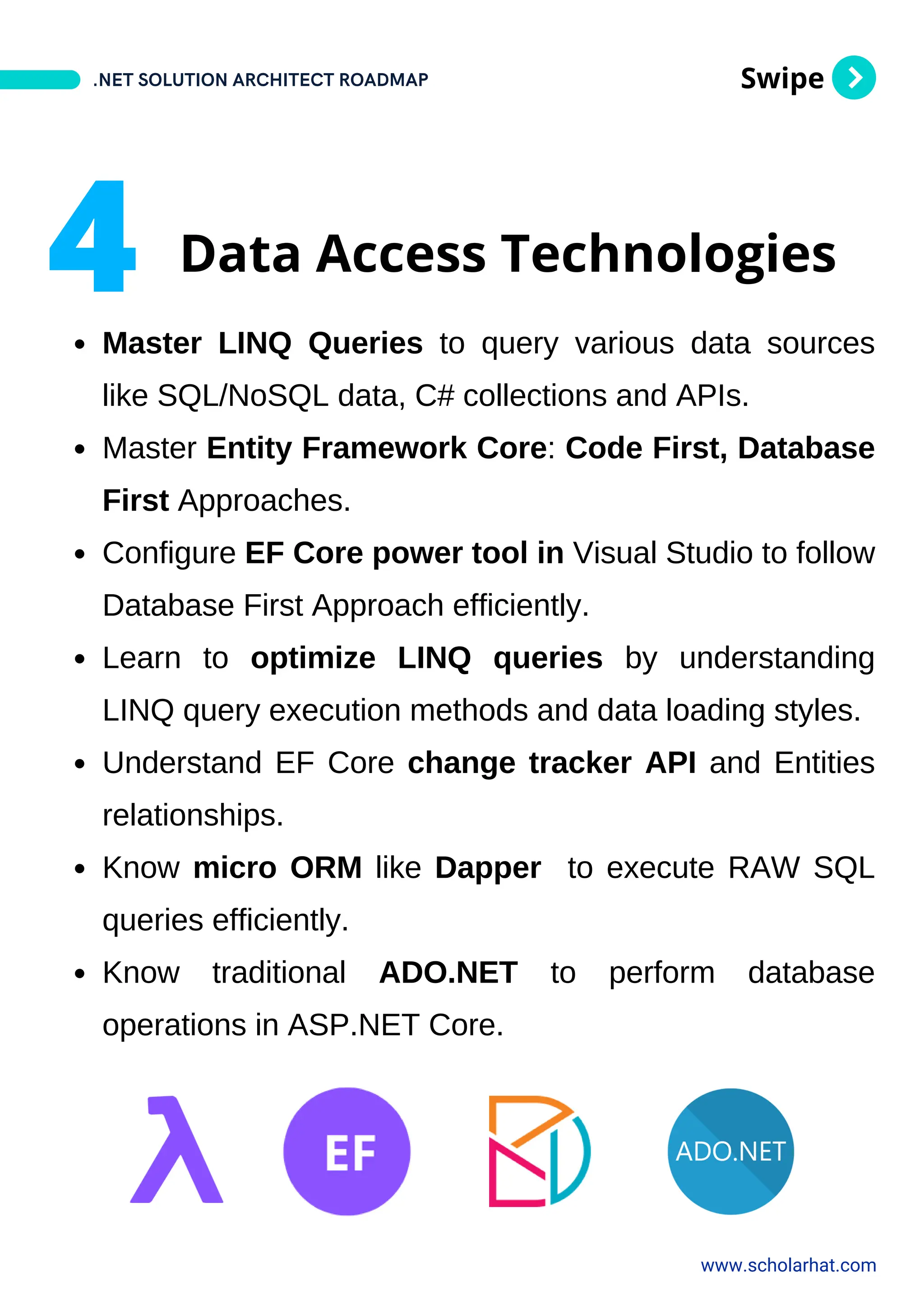 Swipe
Master LINQ Queries to query various data sources
like SQL/NoSQL data, C# collections and APIs.
Master Entity Framework Core: Code First, Database
First Approaches.
Configure EF Core power tool in Visual Studio to follow
Database First Approach efficiently.
Learn to optimize LINQ queries by understanding
LINQ query execution methods and data loading styles.
Understand EF Core change tracker API and Entities
relationships.
Know micro ORM like Dapper to execute RAW SQL
queries efficiently.
Know traditional ADO.NET to perform database
operations in ASP.NET Core.
.NET SOLUTION ARCHITECT ROADMAP
www.scholarhat.com
4 Data Access Technologies
 