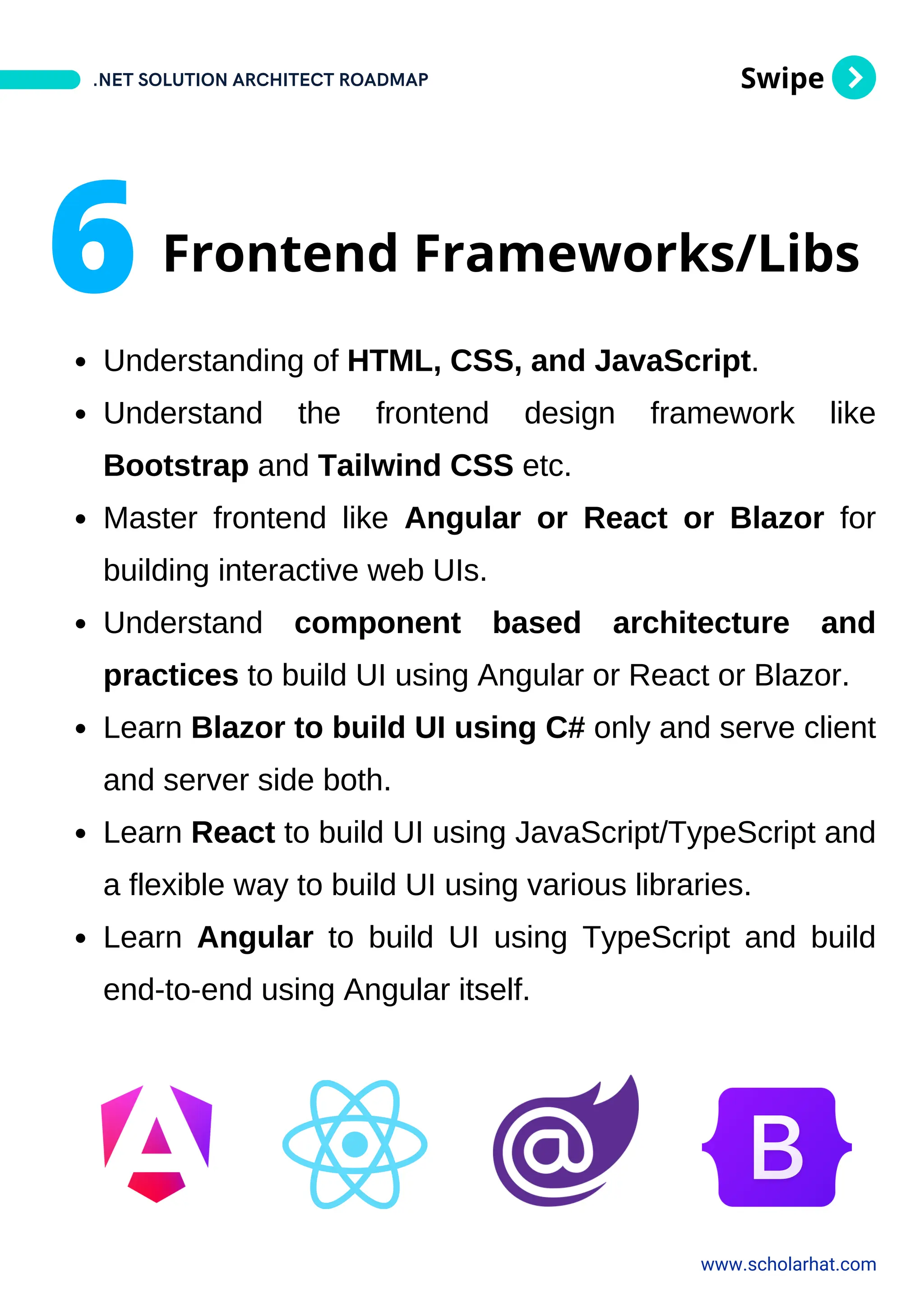 Swipe
Understanding of HTML, CSS, and JavaScript.
Understand the frontend design framework like
Bootstrap and Tailwind CSS etc.
Master frontend like Angular or React or Blazor for
building interactive web UIs.
Understand component based architecture and
practices to build UI using Angular or React or Blazor.
Learn Blazor to build UI using C# only and serve client
and server side both.
Learn React to build UI using JavaScript/TypeScript and
a flexible way to build UI using various libraries.
Learn Angular to build UI using TypeScript and build
end-to-end using Angular itself.
.NET SOLUTION ARCHITECT ROADMAP
www.scholarhat.com
6 Frontend Frameworks/Libs
 