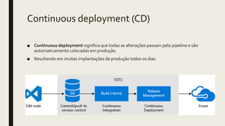 Continuous deployment (CD)
■ Continuous deployment significa que todas as alterações passam pelo pipeline e são
automaticamente colocadas em produção.
■ Resultando em muitas implantações de produção todos os dias.
 