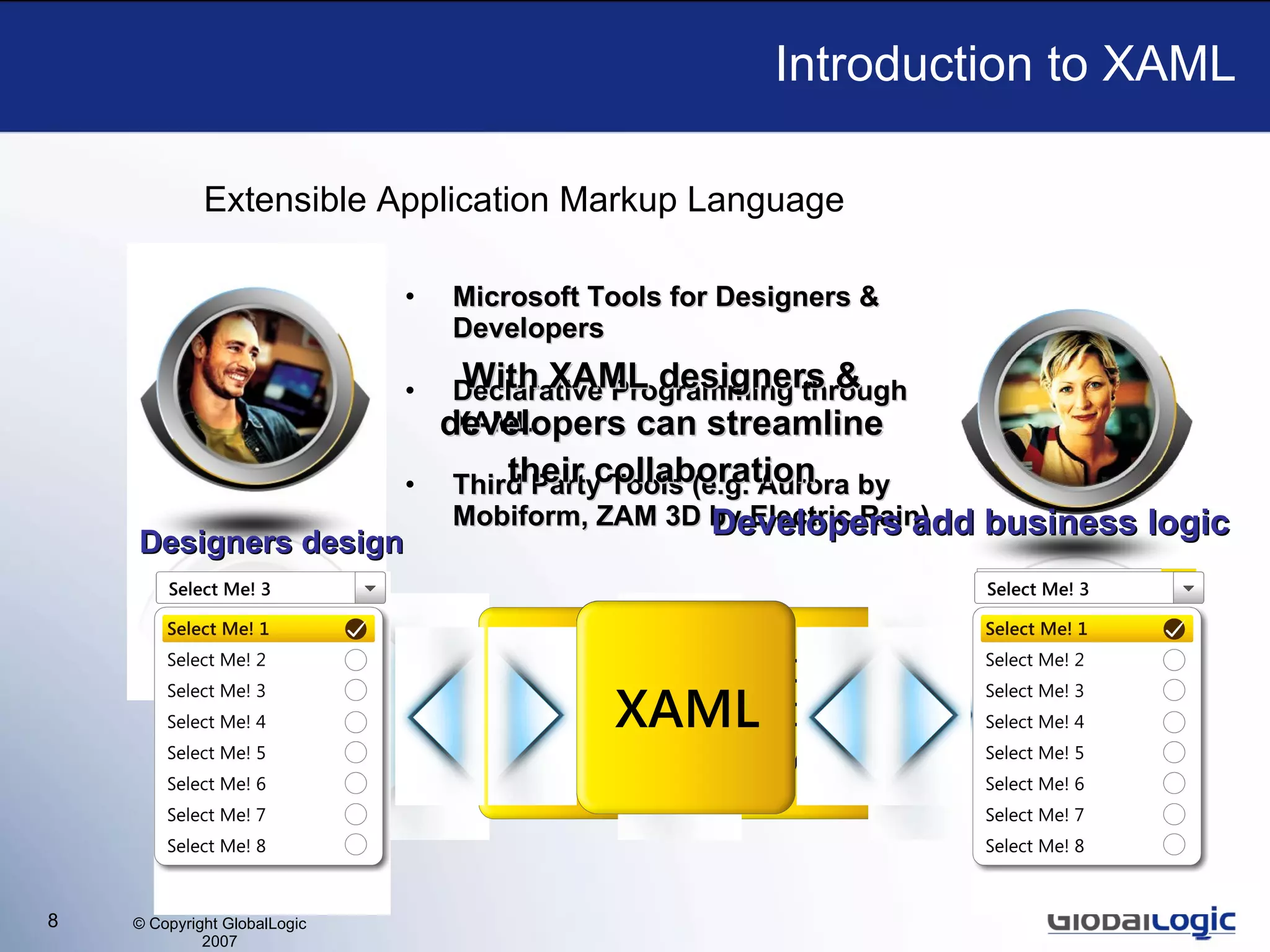Extensible Application Markup Language Introduction to XAML Microsoft Tools for Designers & Developers Declarative Programming through XAML Third Party Tools (e.g. Aurora by Mobiform, ZAM 3D by Electric Rain) Designers design With XAML designers & developers can streamline their collaboration Developers add business   logic 