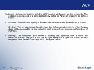 WCF Endpoints - All communications with the WCF service will happen via the endpoints. The endpoint is composed of 3 parts (collectively called as ABC's of endpoint) as defines below:  Address: The endpoints specify a Address that defines where the endpoint is hosted. Contract: The endpoints specify a Contract that defines which methods of the Service class will be accessible via the endpoint; each endpoint may expose a different set of methods.  Binding: The endpoints also define a binding that specifies how a client will communicate with the service and the address where the endpoint is hosted.Various components of the WCF are depicted in the figure below. 