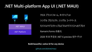 ץåȥե`, ͥƥ UI
󥰥 ץ, 󥰥 `ɥ٩`
ХǥȥåפʤɥޥǥХؤΥǥץ
Xamarin.Forms M
2020 ĩ趨 .NET 6 preview 򥿩`å
Build beautiful, native UI for any device
.NET Multi-platform App UI (.NET MAUI)
.NET MAUI
.NET Platform
github.com/dotnet/maui
 