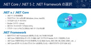 .NET x / .NET Core
.NET Framework
.NET Core / .NET 5 と .NET Framework の選択
 