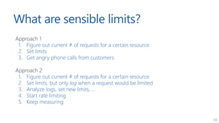 35
What are sensible limits?
Approach 1
1. Figure out current # of requests for a certain resource
2. Set limits
3. Get an...