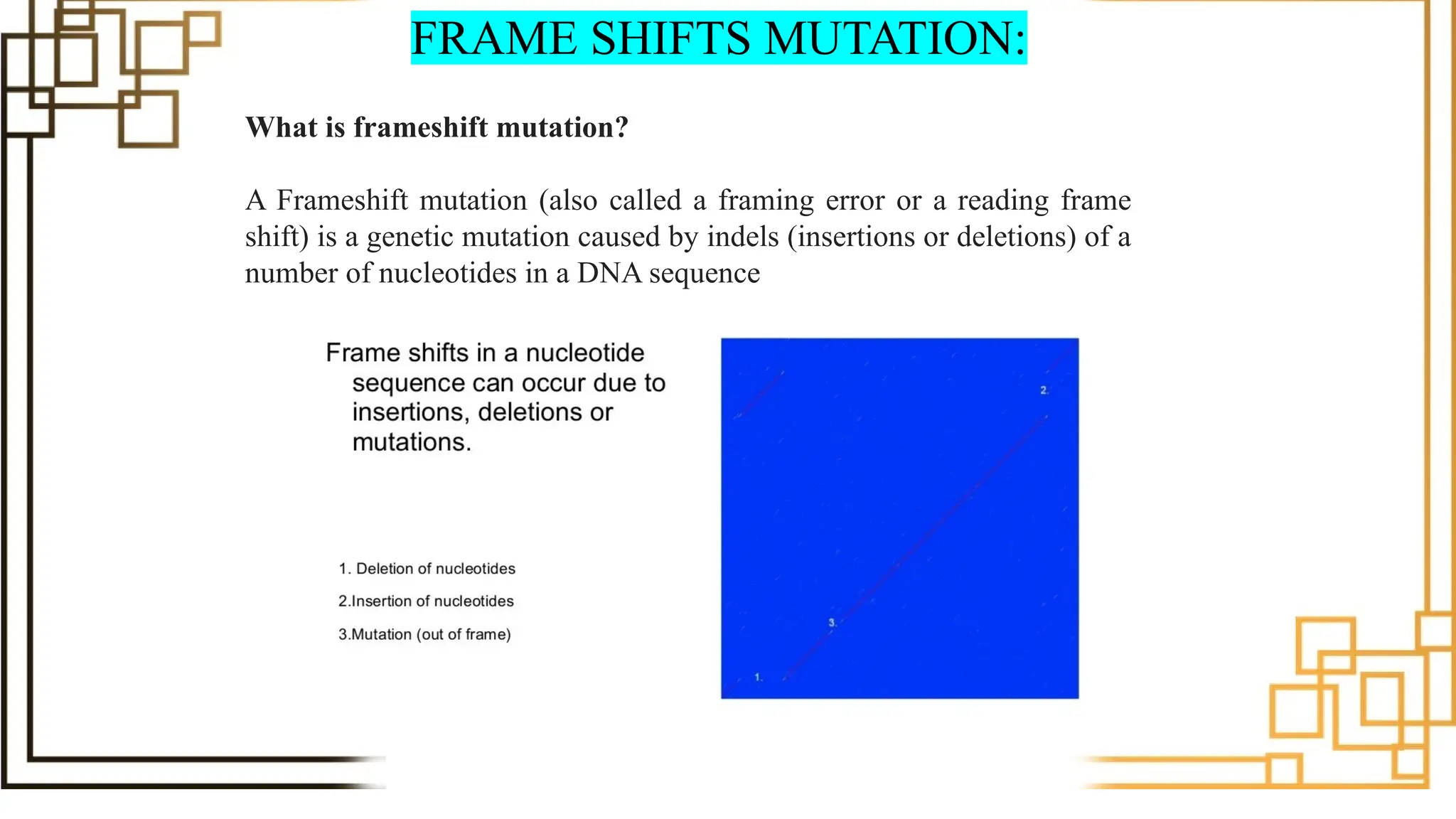 FRAME SHIFTS MUTATION:
What is frameshift mutation?
A Frameshift mutation (also called a framing error or a reading frame
shift) is a genetic mutation caused by indels (insertions or deletions) of a
number of nucleotides in a DNA sequence
 