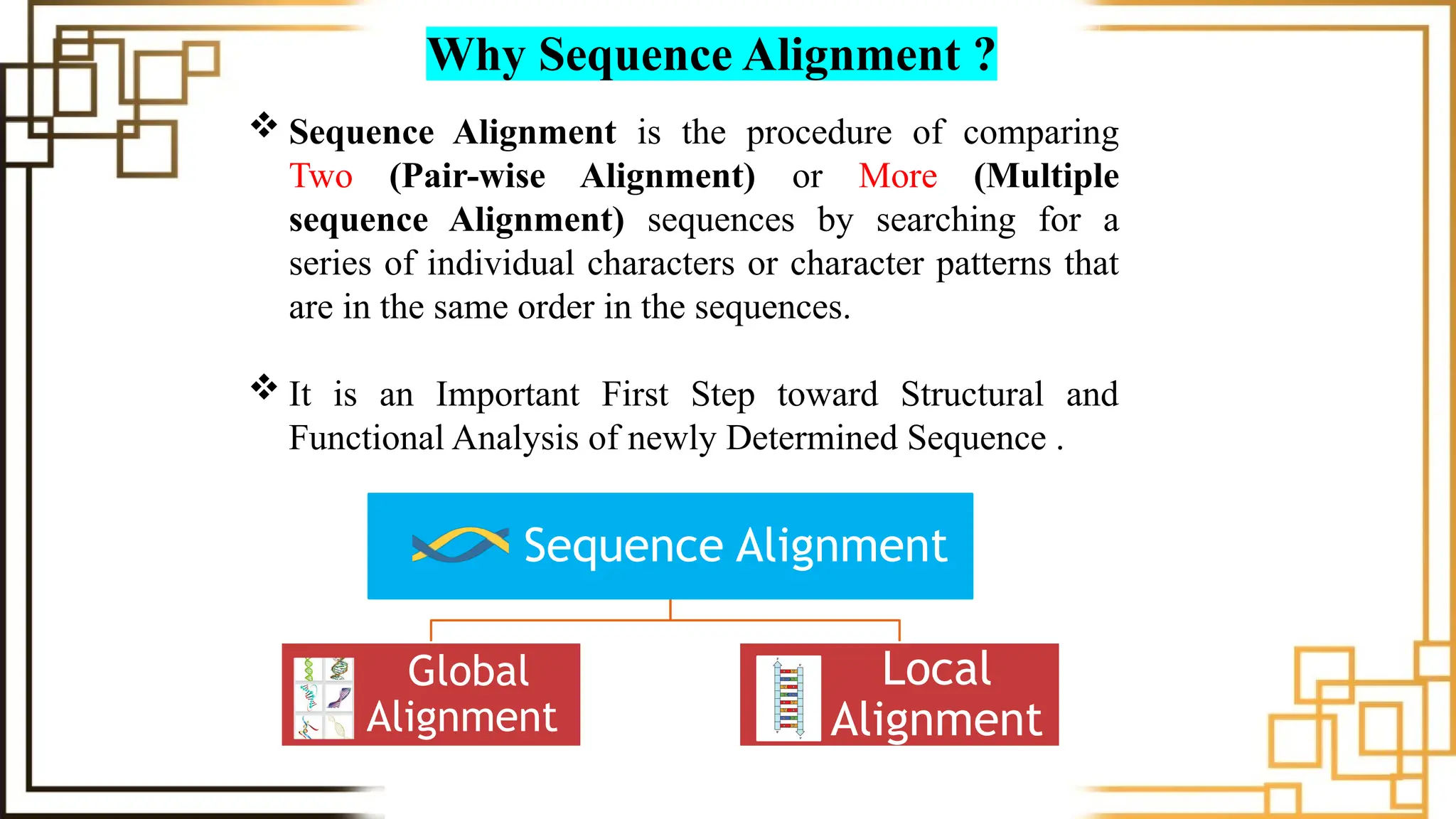 Why Sequence Alignment ?
 Sequence Alignment is the procedure of comparing
Two (Pair-wise Alignment) or More (Multiple
sequence Alignment) sequences by searching for a
series of individual characters or character patterns that
are in the same order in the sequences.
 It is an Important First Step toward Structural and
Functional Analysis of newly Determined Sequence .
Sequence Alignment
Global
Alignment
Local
Alignment
 