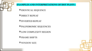 EXAMPLES AND INTERPRETATIONS OF DOT PLOTS :
IDENTICAL SEQUENCE
DIRECT REPEAT
INVERTED REPEAT
PALINDROMIC SEQUENCES
LOW COMPLEXITY REGION
FRAME SHIFTS
WINDOW SIZE
 