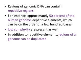 • Regions of genomic DNA can contain
repetitive regions.
• For instance, approximately 50 percent of the
human genome -repetitive elements, which
can be on the order of a few hundred bases
• low complexity are present as well
• In addition to repetitive elements, regions of a
genome can be duplicated
 