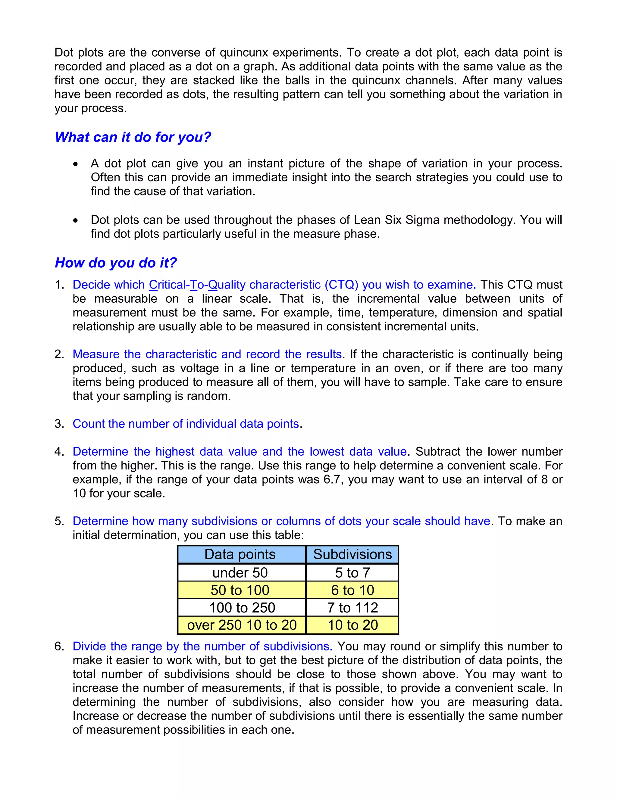 Dot plots are the converse of quincunx experiments. To create a dot plot, each data point is
recorded and placed as a dot on a graph. As additional data points with the same value as the
first one occur, they are stacked like the balls in the quincunx channels. After many values
have been recorded as dots, the resulting pattern can tell you something about the variation in
your process.

What can it do for you?
      A dot plot can give you an instant picture of the shape of variation in your process.
       Often this can provide an immediate insight into the search strategies you could use to
       find the cause of that variation.

      Dot plots can be used throughout the phases of Lean Six Sigma methodology. You will
       find dot plots particularly useful in the measure phase.

How do you do it?
1. Decide which Critical-To-Quality characteristic (CTQ) you wish to examine. This CTQ must
   be measurable on a linear scale. That is, the incremental value between units of
   measurement must be the same. For example, time, temperature, dimension and spatial
   relationship are usually able to be measured in consistent incremental units.

2. Measure the characteristic and record the results. If the characteristic is continually being
   produced, such as voltage in a line or temperature in an oven, or if there are too many
   items being produced to measure all of them, you will have to sample. Take care to ensure
   that your sampling is random.

3. Count the number of individual data points.

4. Determine the highest data value and the lowest data value. Subtract the lower number
   from the higher. This is the range. Use this range to help determine a convenient scale. For
   example, if the range of your data points was 6.7, you may want to use an interval of 8 or
   10 for your scale.

5. Determine how many subdivisions or columns of dots your scale should have. To make an
   initial determination, you can use this table:
                           Data points            Subdivisions
                             under 50                5 to 7
                            50 to 100                6 to 10
                            100 to 250              7 to 112
                         over 250 10 to 20          10 to 20
6. Divide the range by the number of subdivisions. You may round or simplify this number to
   make it easier to work with, but to get the best picture of the distribution of data points, the
   total number of subdivisions should be close to those shown above. You may want to
   increase the number of measurements, if that is possible, to provide a convenient scale. In
   determining the number of subdivisions, also consider how you are measuring data.
   Increase or decrease the number of subdivisions until there is essentially the same number
   of measurement possibilities in each one.
 
