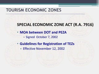 SPECIAL ECONOMIC ZONE ACT (R.A. 7916)
• MOA between DOT and PEZA
 Signed October 7, 2002
• Guidelines for Registration of TEZs
 Effective November 12, 2002
TOURISM ECONOMIC ZONES
 