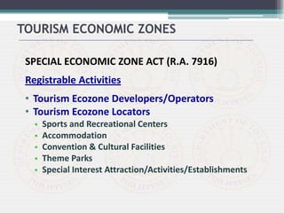 SPECIAL ECONOMIC ZONE ACT (R.A. 7916)
Registrable Activities
• Tourism Ecozone Developers/Operators
• Tourism Ecozone Locators
 Sports and Recreational Centers
 Accommodation
 Convention & Cultural Facilities
 Theme Parks
 Special Interest Attraction/Activities/Establishments
TOURISM ECONOMIC ZONES
 