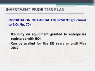 IMPORTATION OF CAPITAL EQUIPMENT (pursuant
to E.O. No. 70)
• 0% duty on equipment granted to enterprises
registered with BOI
• Can be availed for five (5) years or until May
2017.
INVESTMENT PRIORITIES PLAN
 
