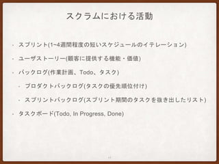 スクラムにおける活動
• スプリント(1~4週間程度の短いスケジュールのイテレーション)
• ユーザストーリー(顧客に提供する機能・価値)
• バックログ(作業計画、Todo、タスク)
• プロダクトバックログ(タスクの優先順位付け)
• スプリントバックログ(スプリント期間のタスクを抜き出したリスト)
• タスクボード(Todo, In Progress, Done)
17
 