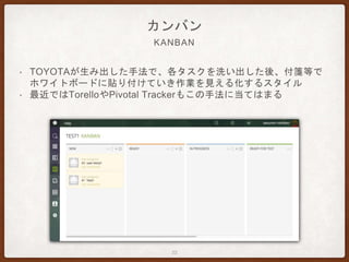 カンバン
• TOYOTAが生み出した手法で、各タスクを洗い出した後、付箋等で
ホワイトボードに貼り付けていき作業を見える化するスタイル
• 最近ではTorelloやPivotal Trackerもこの手法に当てはまる
22
KANBAN
 