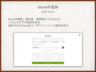 Add Issue
Issueの追加
• Issueの種類、優先度、重要度がつけられる
• こちらもタグが追加出来る
• 追加されたIssueをユーザストーリーに追加出来る
28
 