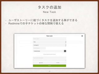 New Task
タスクの追加
• ユーザストーリーに紐づくタスクを追加する事ができる
• Redmineでの子チケットの様な間隔で使える
29
 