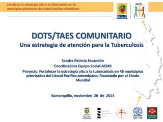 DOTS/TAES COMUNITARIO
Una estrategia de atención para la Tuberculosis
Sandra Patricia Escandón
Coordinadora Equipo Social-ACMS
Proyecto Fortalecer la estrategia alto a la tuberculosis en 46 municipios
priorizados del Litoral Pacífico colombiano, financiado por el Fondo
Mundial

Barranquilla, noviembre 20 de 2013

 