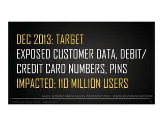DEC 2013: TARGET
EXPOSED CUSTOMER DATA, DEBIT/
CREDIT CARD NUMBERS, PINS
IMPACTED: 110 MILLION USERS
8	
  
Source:	
  Symantec	
  Internet	
  Security	
  Threat	
  Report	
  2014	
  ::	
  Volume	
  19,	
  Published	
  April	
  2014	
  	
  
dotScale	
  May	
  2014	
  -­‐	
  #dotScale	
  
 
