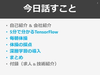今日話すこと
• 自己紹介 ＆ 会社紹介
• 5分で分かるTensorFlow
• 毎朝体操
• 体操の採点
• 深層学習の導入
• まとめ
• 付録（求人 & 技術紹介）
2
 