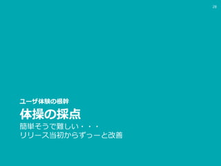 体操の採点
簡単そうで難しい・・・
リリース当初からずっーと改善
ユーザ体験の根幹
28
 
