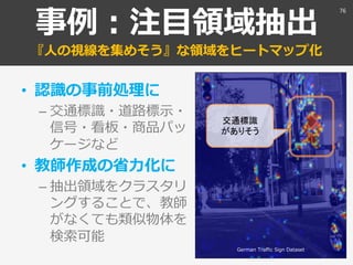 事例：注目領域抽出
『人の視線を集めそう』な領域をヒートマップ化
• 認識の事前処理に
– 交通標識・道路標示・
信号・看板・商品パッ
ケージなど
• 教師作成の省力化に
– 抽出領域をクラスタリ
ングすることで、教師
がなくても類似物体を
検索可能
76
交通標識
がありそう
German Traffic Sign Dataset
 