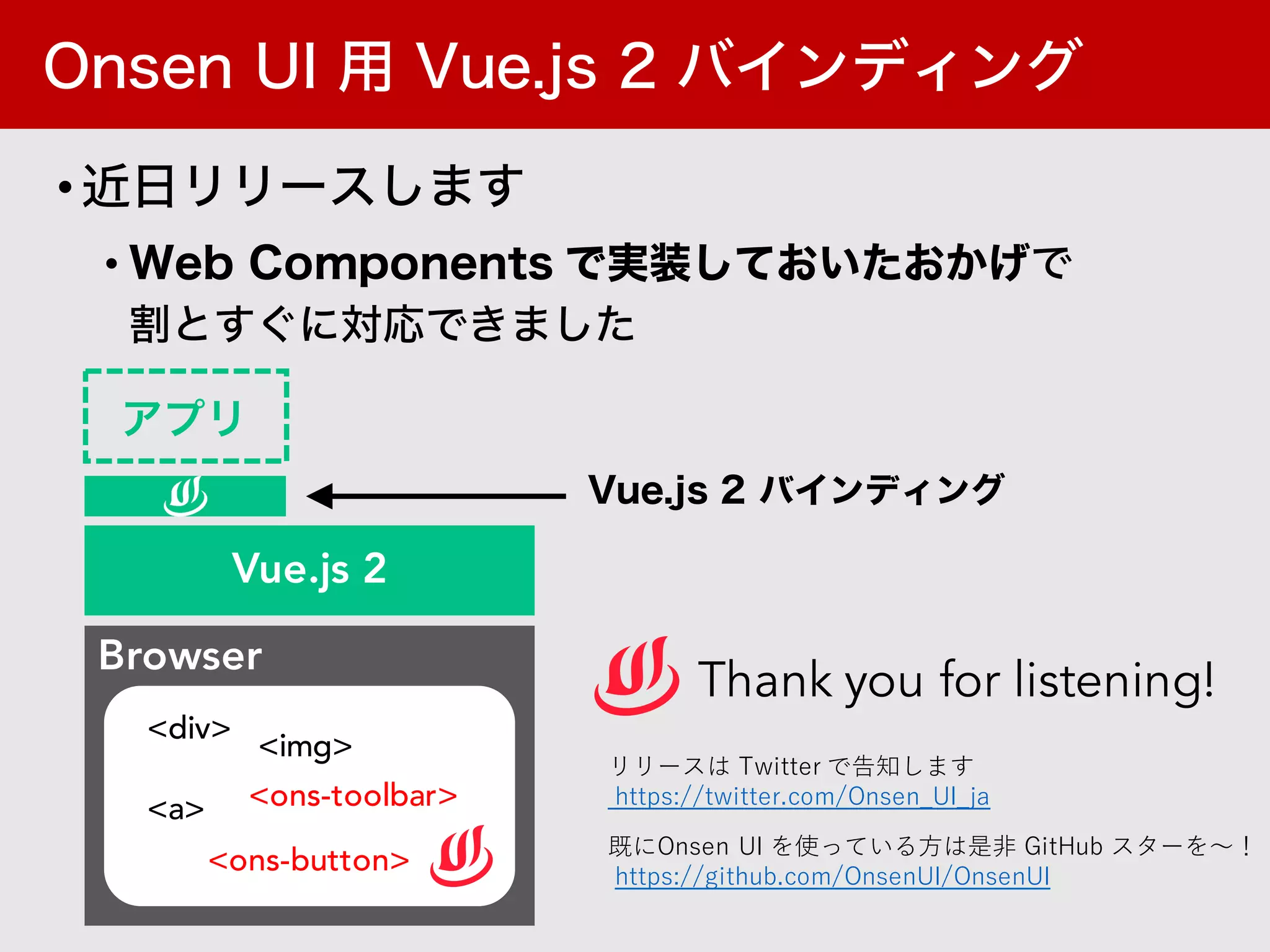 Browser
<a> <ons-toolbar>
<ons-button>
<img>
<div>
Vue.js 2
•
•
Thank you for listening!
既にOnsen UI を使っている⽅は是⾮ GitHub スターを〜！
https://github.com/OnsenUI/OnsenUI
リリースは Twitter で告知します
https://twitter.com/Onsen_UI_ja
 