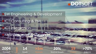2004
Founded
14
People
20%
Revenue Growth
>1m
Revenues
>70%
(Exports)
19
Projects
TODAY
SW Engineering & Development
ICT Consulting & PM
ICT Integration
Maintenance & Support
 