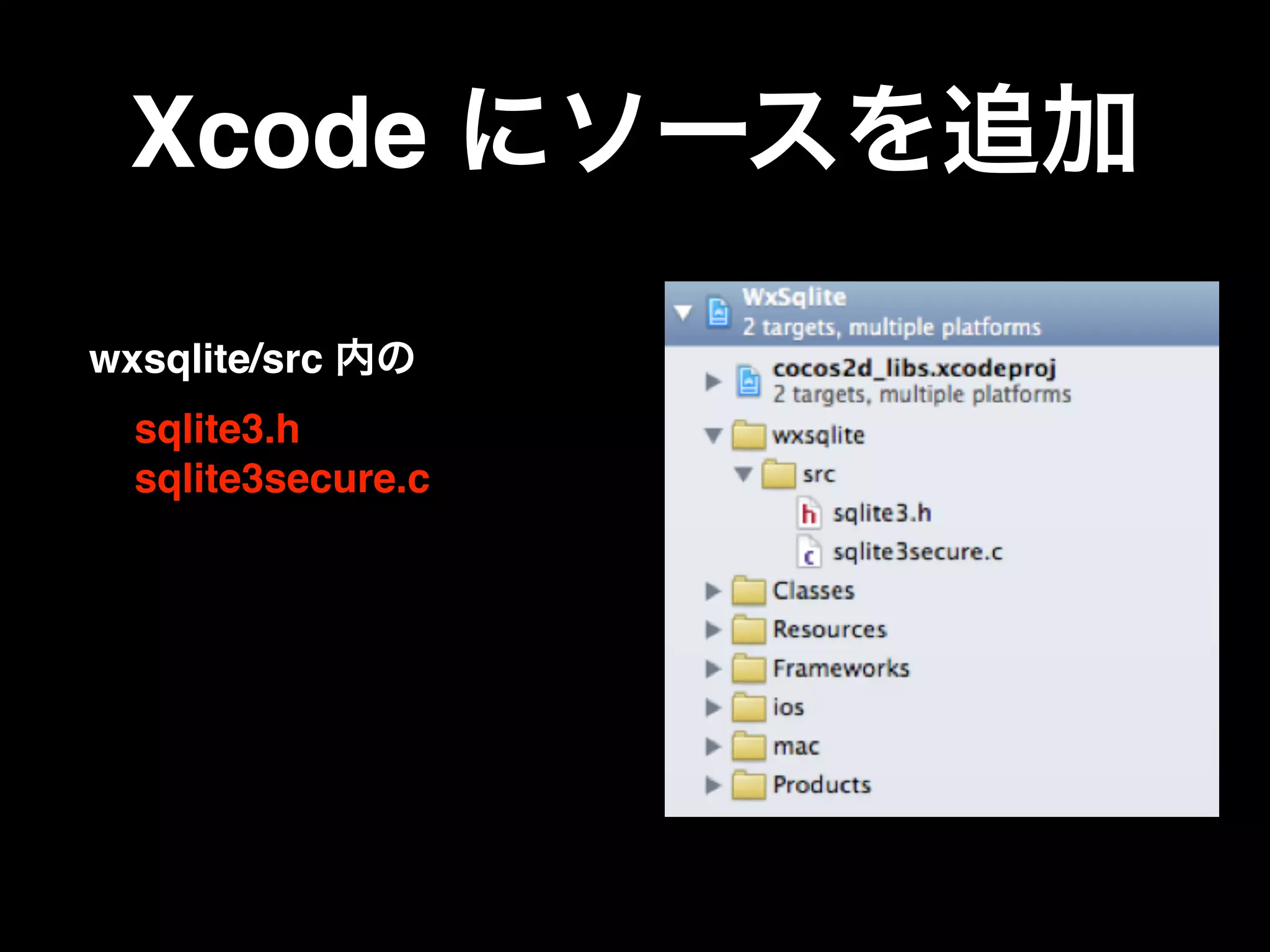 Xcode にソースを追加
wxsqlite/src 内の  
sqlite3.h  
sqlite3secure.c  
 