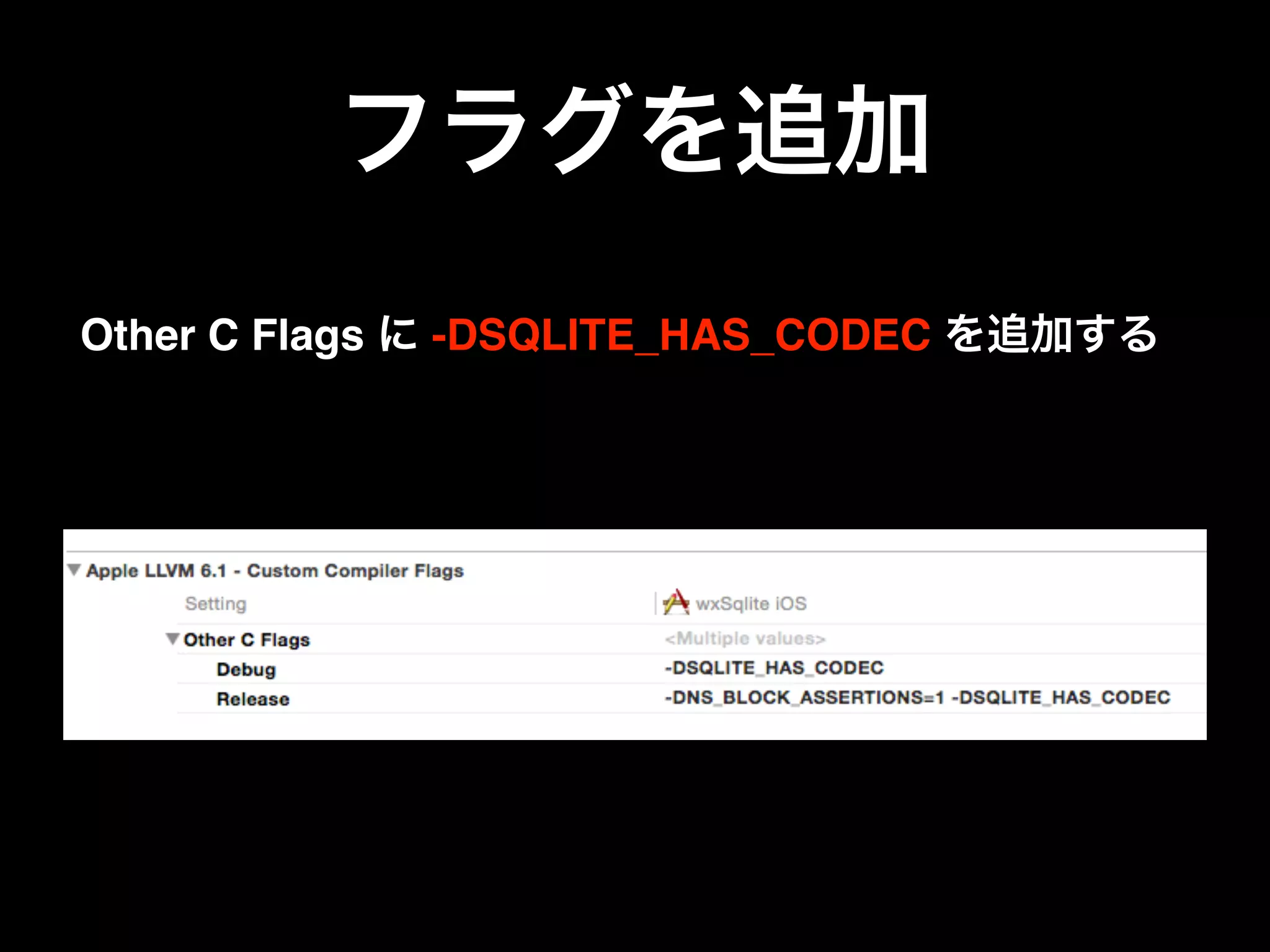 フラグを追加
Other C Flags に -DSQLITE_HAS_CODEC を追加する
 