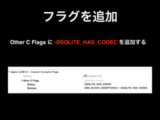 フラグを追加
Other C Flags に -DSQLITE_HAS_CODEC を追加する
 