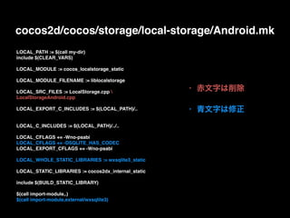 • 赤文字は削除
• 青文字は修正
LOCAL_PATH := $(call my-dir)
include $(CLEAR_VARS)
LOCAL_MODULE := cocos_localstorage_static
LOCAL_MODULE_FILENAME := liblocalstorage
LOCAL_SRC_FILES := LocalStorage.cpp 
LocalStorageAndroid.cpp
LOCAL_EXPORT_C_INCLUDES := $(LOCAL_PATH)/..
LOCAL_C_INCLUDES := $(LOCAL_PATH)/../..
LOCAL_CFLAGS += -Wno-psabi
LOCAL_CFLAGS += -DSQLITE_HAS_CODEC
LOCAL_EXPORT_CFLAGS += -Wno-psabi
LOCAL_WHOLE_STATIC_LIBRARIES := wxsqlite3_static
LOCAL_STATIC_LIBRARIES := cocos2dx_internal_static
include $(BUILD_STATIC_LIBRARY)
$(call import-module,.)
$(call import-module,external/wxsqlite3)
cocos2d/cocos/storage/local-storage/Android.mk
 