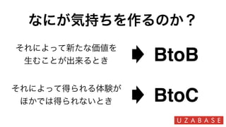 なにが気持ちを作るのか？
それによって新たな価値を
生むことが出来るとき
それによって得られる体験が
ほかでは得られないとき
BtoB
BtoC
 