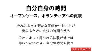 自分自身の時間
オープンソース、ボランティアへの貢献
それによって新たな価値を生むことが
出来るときに自分の時間を使う
それによって得られる体験が他では
得られないときに自分の時間を使う
 