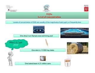 EQSs
Level of concentration
One drop in an Olympic-size swimming pool
One stem in 111000 hay bales
One baked bean in 21 million cans
Levels of concentration of EQS are usually of the magnitude of ppb (µg/L) or frequently less
What’s 0.1 ppb
????
 