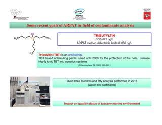 Some recent goals of ARPAT in field of contaminants analysis
TRIBUTYLTIN
EQS=0.2 ng/L
ARPAT method detectable limit= 0.006 ng/L
Tributyltin (TBT) is an antifouling.
TBT based anti-fouling paints, used until 2008 for the protection of the hulls, release
highly toxic TBT into aquatics systems
(Chemosphere 59 (2005) 585-592.)
Over three hundres and fifty analysis performed in 2016
(water and sediments)
Impact on quality status of tuscany marine environment
 