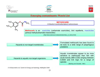 23
Emerging contaminants: Watch List
{2-[(2,6-Dichlorophenyl)amino]phenyl}acetic acid
METHIOCARB
3,5-Dimethyl-4-(methylsulfanyl)phenyl methylcarbamate
Methiocarb is an acaricides (carbamate acaricides), bird repellents, insecticides
(phenyl methylcarbamate insecticides)
(http://www.alanwood.net/pesticides/index_cn_frame.html)
Hazards to non-target invertebrates
Formulated methiocarb has been found to
be toxic to a wide range of polyphagous
predators
Hazards to aquatic non-target organisms
Aquatic invertebrates appear to be more
sensitive to methiocarb than fish with
acute toxicity (96h-LC50) ranging between
0.0054 and 8.8 mg/L for a range of
species
(Marking and Chandler, 1981).
A. M.Giacomello et al. Centre for Ecology and Hydrology, Wallingford 2006
 