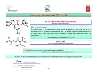 24
Emerging contaminants: Watch List
{2-[(2,6-Dichlorophenyl)amino]phenyl}acetic acid
2,6-DITERT-BUTYL-4-METHYLPHENOL
Butylated hydroxytoluene (BHT)
BHT is an antioxidant.
European and U.S. regulations allow small amounts to be used as a food
additive (E321) . In addition to this use, BHT is widely used to prevent oxidation
in fluids (e.g. fuel, oil) and other materials where free radicals must be
controlled.
(other informations in EFSA Journal 2012;10(3):2588
Triallate is an herbicides (thiocarbamate herbicides)
(http://www.alanwood.net/pesticides/index_cn_frame.html)
TRIALLATE
S-2,3,3-trichloroallyl diisopropyl(thiocarbamate)
Based on the available studies, tri-allate was considered very toxic to aquatic organisms.
 