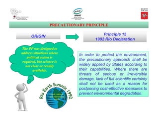 PRECAUTIONARY PRINCIPLE
ORIGIN Principle 15
1992 Rio Declaration
In order to protect the environment,
the precautionary approach shall be
widely applied by States according to
their capabilities. Where there are
threats of serious or irreversible
damage, lack of full scientific certainty
shall not be used as a reason for
postponing cost-effective measures to
prevent environmental degradation.
The PP was designed to
address situations where
political action is
required, but science is
not clear or readily
available.
 