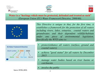 3
Water is a “heritage which must be protected, defended and treated as such”
(European Union (EU) Water Framework Directive, 2000/60).
This Directive is unique in that, for the first time, it
establishes a framework for the protection of all waters
including rivers, lakes, estuaries, coastal waters and
groundwater, and their dependent wildlife/habitats
under one piece of environmental legislation.
Specifically the WFD aims to:
(Source: SWMI, (2015)
• protect/enhance all waters (surface, ground and
coastal waters)
• achieve "good status" for all waters by December
2015
• manage water bodies based on river basins or
catchments
• involve the public
 