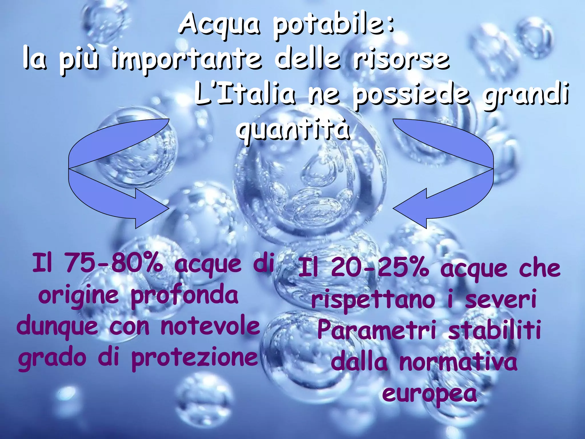 Acqua potabile:  la più importante delle risorse  L’Italia ne possiede grandi quantità Il 75-80% acque di origine profonda dunque con notevole grado di protezione Il 20-25% acque che rispettano i severi  Parametri stabiliti dalla normativa  europea 