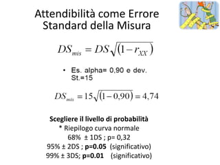 Attendibilità come Errore
 Standard della Misura




   Scegliere il livello di probabilità
      * Riepilogo curva normale
         68% ± 1DS ; p= 0,32
  95% ± 2DS ; p=0.05 (significativo)
  99% ± 3DS; p=0.01 (significativo)
 