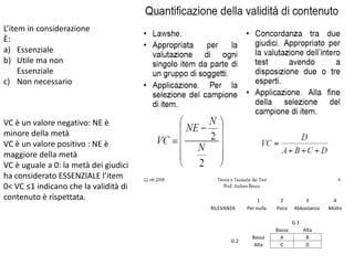 L’item in considerazione
È:
a) Essenziale
b) Utile ma non
     Essenziale
c) Non necessario



VC è un valore negativo: NE è
minore della metà
VC è un valore positivo : NE è
maggiore della metà
VC è uguale a 0: la metà dei giudici
ha considerato ESSENZIALE l’item
0< VC ≤1 indicano che la validità di
contenuto è rispettata.                                  1       2          3         4
                                       RILEVANZA    Per nulla   Poco    Abbastanza   Molto

                                                                        G.1
                                                                Bassa         Alta
                                                      Bassa       A            B
                                              G.2
                                                       Alta       C            D
 