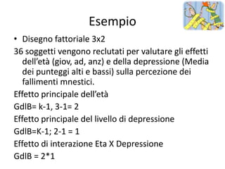 Esempio
• Disegno fattoriale 3x2
36 soggetti vengono reclutati per valutare gli effetti
   dell’età (giov, ad, anz) e della depressione (Media
   dei punteggi alti e bassi) sulla percezione dei
   fallimenti mnestici.
Effetto principale dell’età
GdlB= k-1, 3-1= 2
Effetto principale del livello di depressione
GdlB=K-1; 2-1 = 1
Effetto di interazione Eta X Depressione
GdlB = 2*1
 