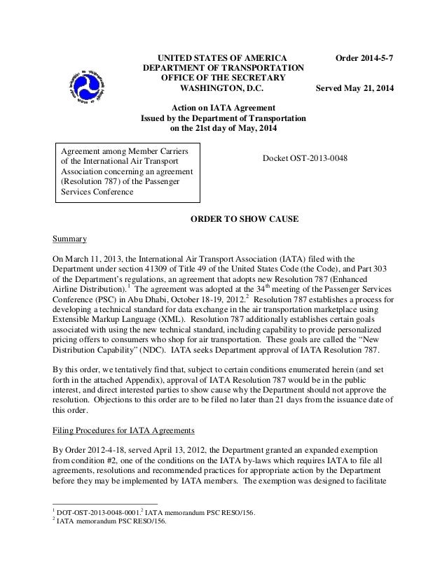 us department of transportation tentative ok of iatas resolution 787 washington flyer distribution laws