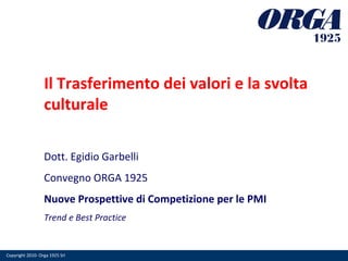 Il Trasferimento dei valori e la svolta culturale Dott. Egidio Garbelli Convegno ORGA 1925 Nuove Prospettive di Competizione per le PMI Trend e Best Practice 