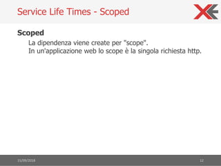 Scoped
La dipendenza viene create per "scope".
In un'applicazione web lo scope è la singola richiesta http.
15/09/2018 12
...