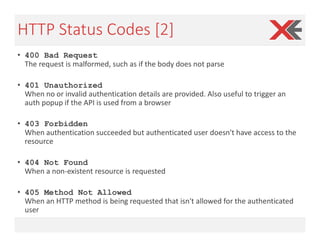 HTTP Status Codes [2]
• 400 Bad Request
The request is malformed, such as if the body does not parse
• 401 Unauthorized
Wh...