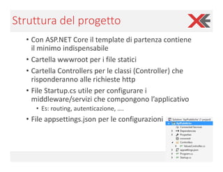 Struttura del progetto
• Con ASP.NET Core il template di partenza contiene
il minimo indispensabile
• Cartella wwwroot per...