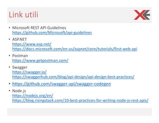 Link utili
• Microsoft REST API Guidelines
https://github.com/Microsoft/api-guidelines
• ASP.NET
https://www.asp.net/
http...
